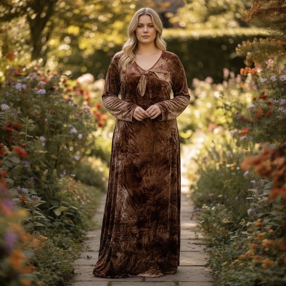 Brown Crushed Velvet Maxi Dress XL Witchy Boho Cottagecore
